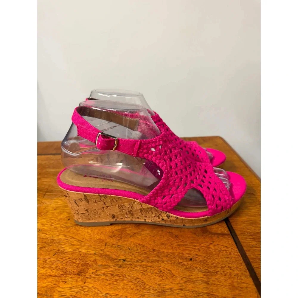 Mudd Girls Hot Pink Woven Wedge Sandals Size 5 Pink Cork Heel Strappy Shoes